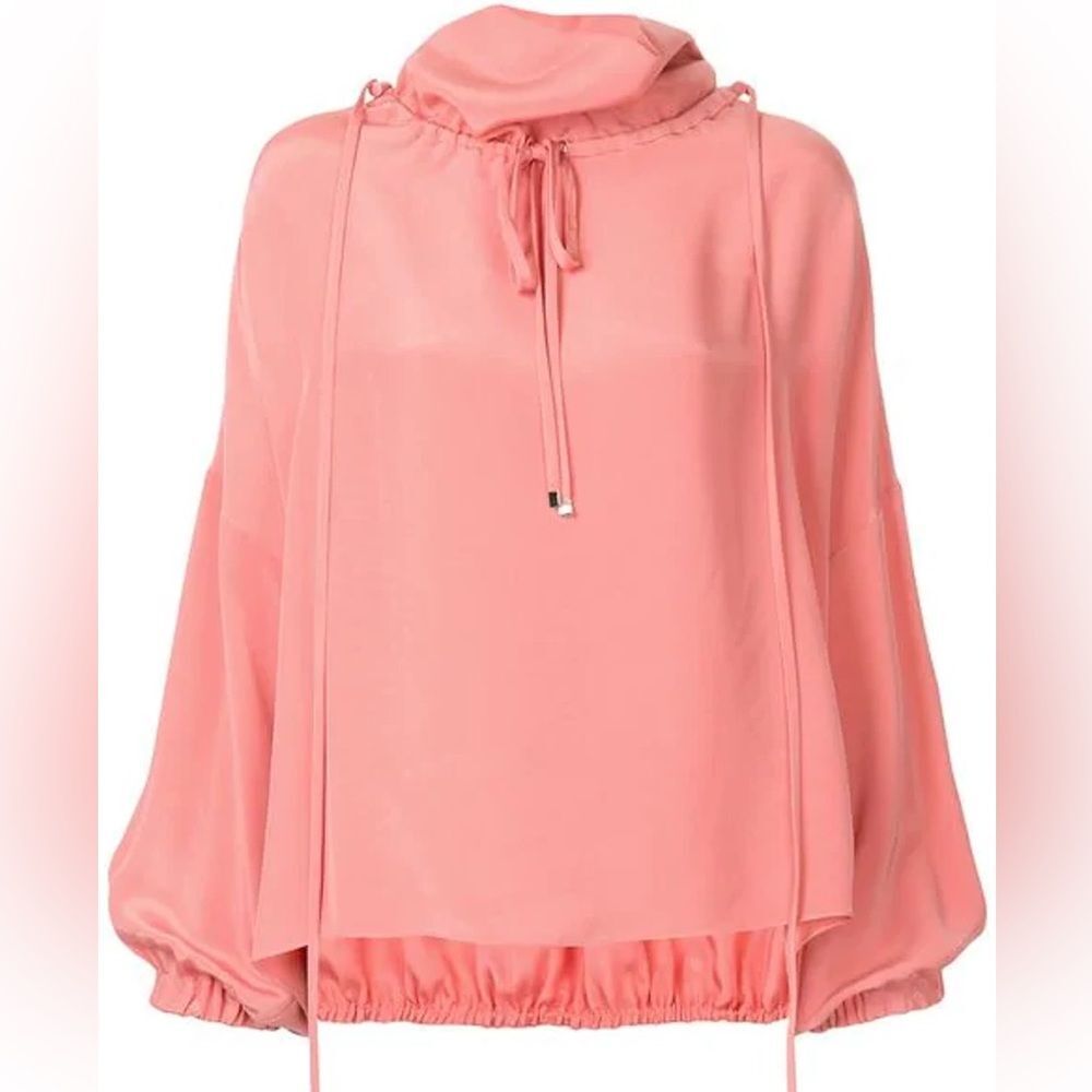 Tibi Salmon Pink Silk Drawstring Blouse XXS 100% Silk Boxy Top